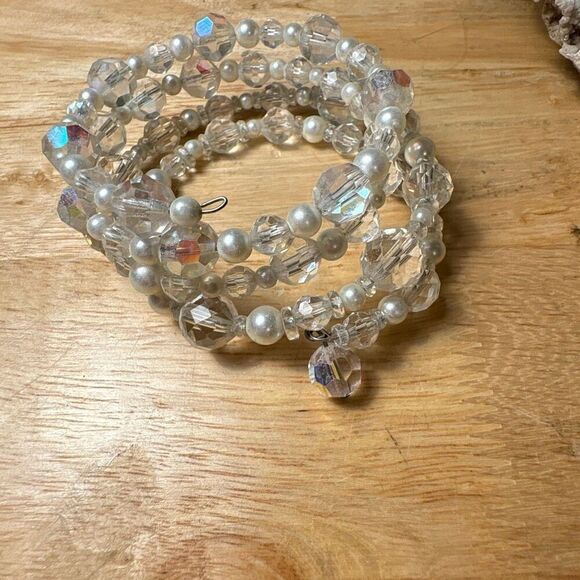 White Pearl and Crystal Wrap Bracelet, Handmade, Artisan - Picture 1 of 5